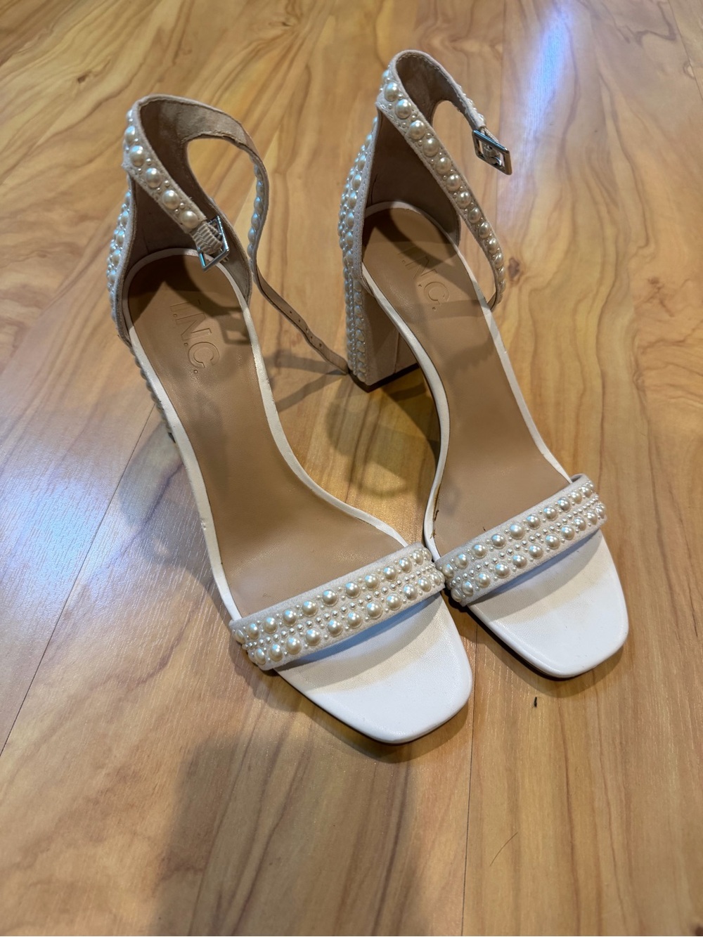 INC International Concepts Cream Pearl-Embellished Block Heel Sandals - Picture 2 of 3